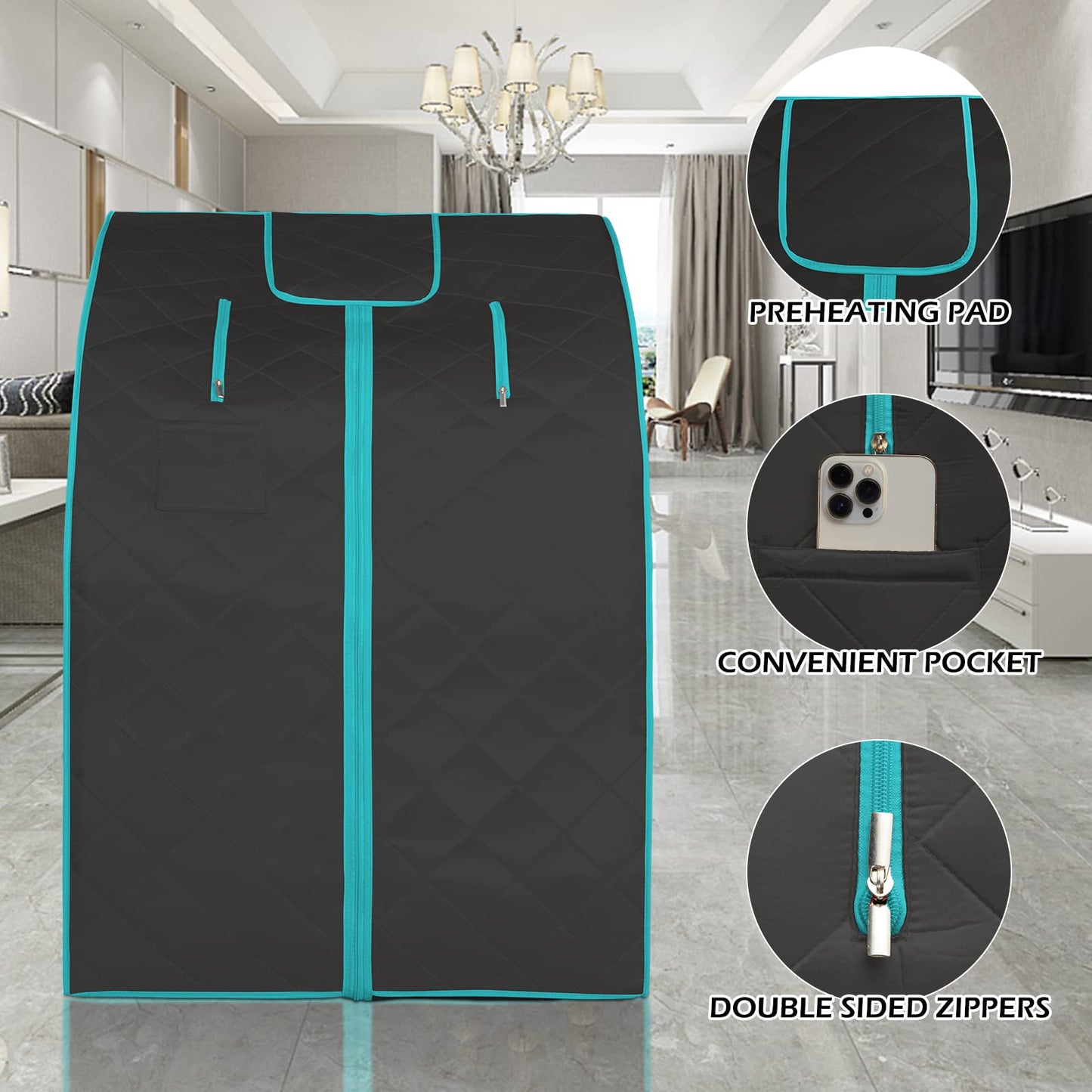 Smartmak Far Infrared Sauna, Full Body One Person Portable SPA Set with Time & Tempreture Remote Control, Heating Foot Pad and Foldable Reinforced Chair (L 27.6’’ x W 31.5’’ x H 37.8’’) - Black