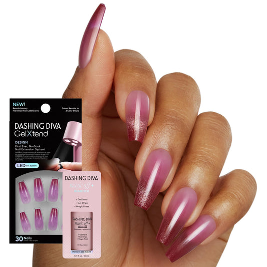 Dashing Diva GelXtend Design & Removal Kit - Nail Tips & Magic Off+ Remover - Acrylic Nails with LED Glue - Lasts Up to 14 Days - Press On Remover with Niacinamide and Castor Oil - Rouge Shimmer