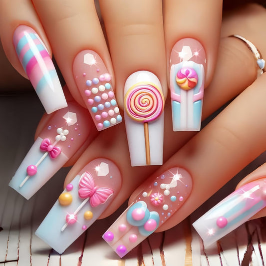 CJDLTS Press on Nails Long Length Candy Bow Pattern Design Acrylic False Nail Colorful Stripes Artificial Stick on Nail Full Cover Press Ons Nude Pink Square Glue on Nail for Women 24Pcs