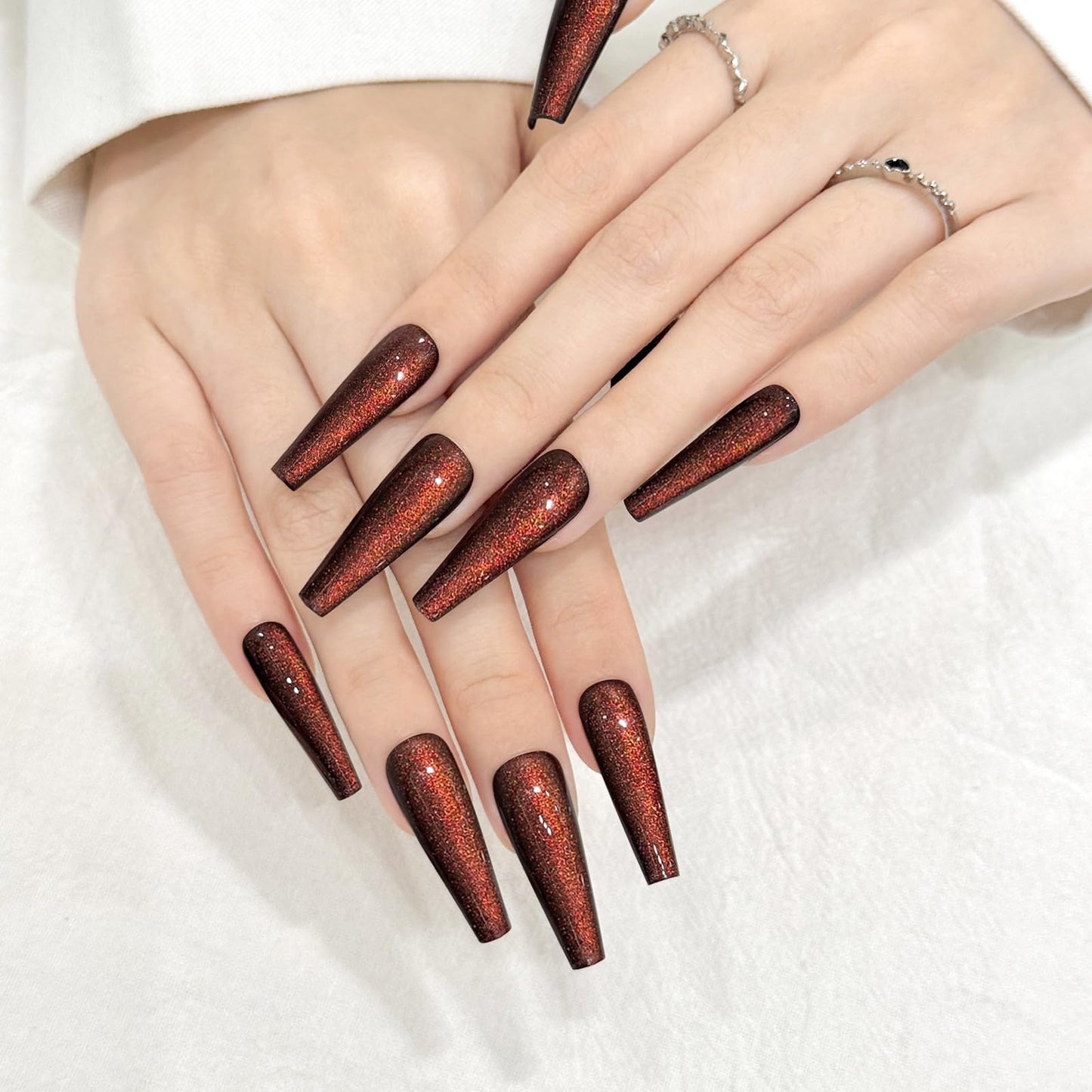 Orange Brown Cat Eyes Press On Nails,12 Sizes-24 Pcs Soft Gel Orange Brown Long Coffin Fake Nails Kit with Nail Glue, Natural Reusable Stick On False Nails for Women and Girls SK1044