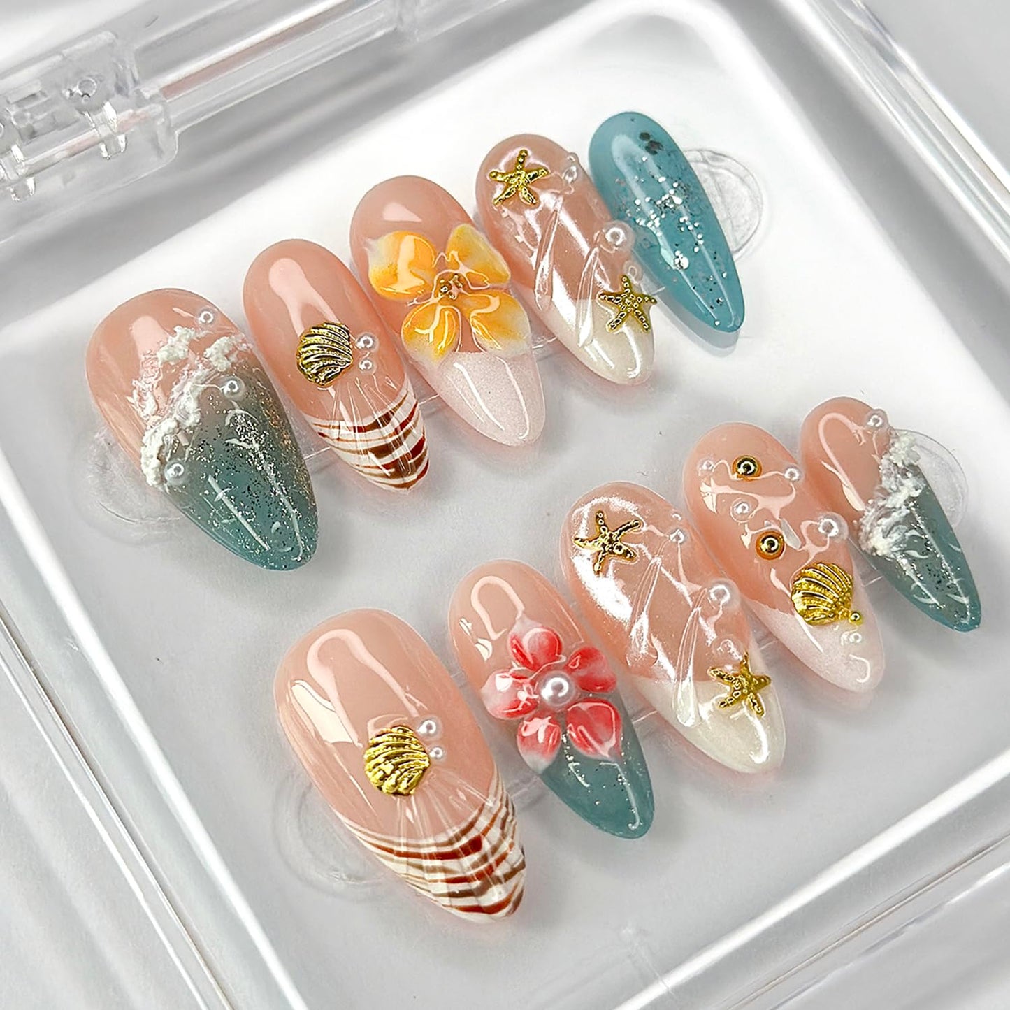 Luxury Press on Nails Medium Almond French Tip Handmade 3D Unique Reusable ABS Material Fake Nails Summer False Nails with Designs Plumeria Floral Art Petal Glossy Glue on Nails Thick Acrylic Nails(M)