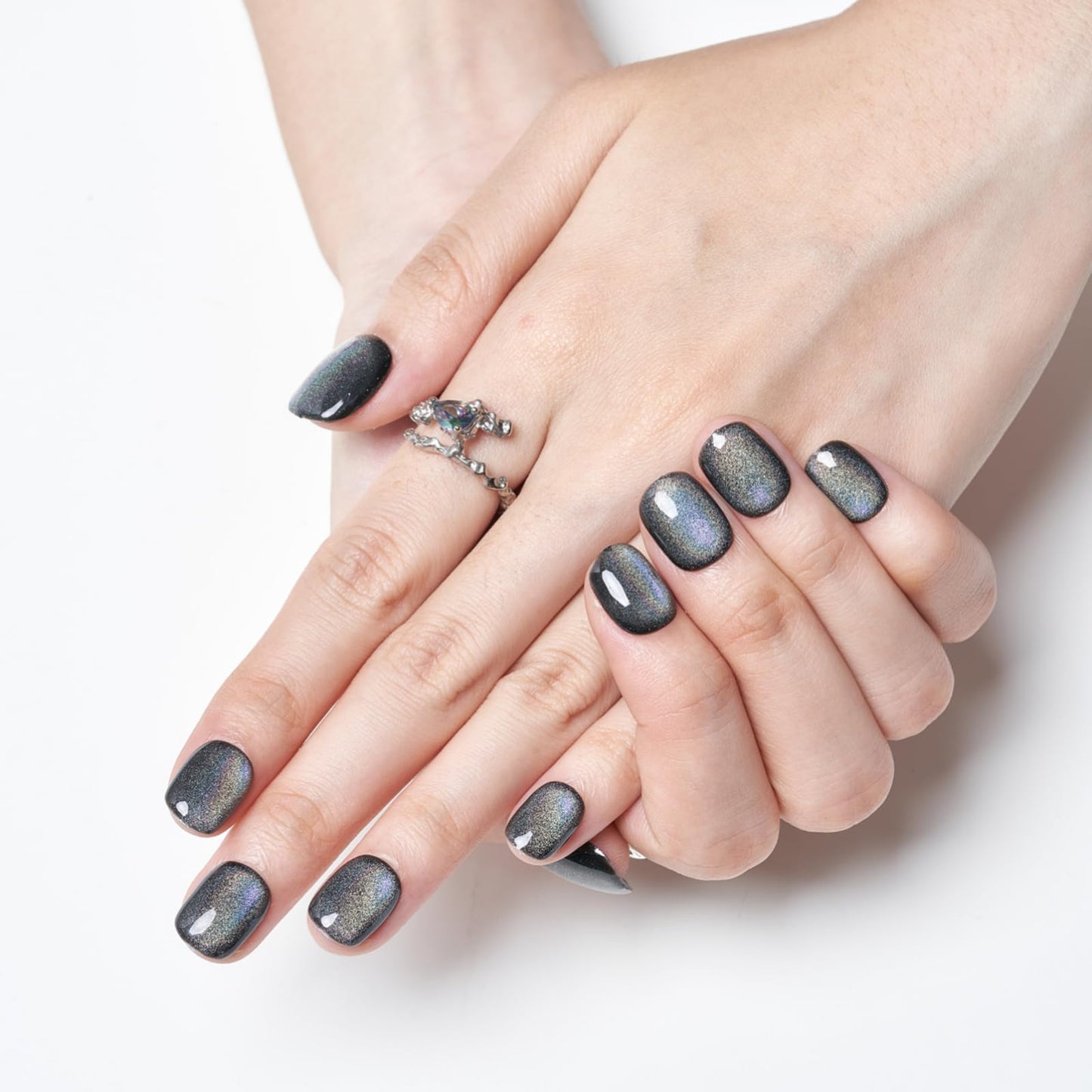 GLAMERMAID Laser Black Short Press on Nails, Aurora Cat Eyes Handmade Extra Short Squoval Glue on Nails for Women, Square Soft Gel Fake Nails, Round Reusable Acrylic False Nails Manicure Kit for Women