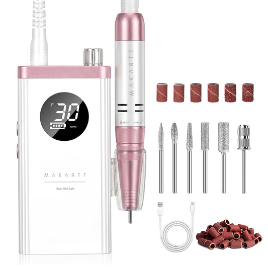 Makartt Cordless Nail Drill 30000RPM - Rechargeable Electric Nail File for Beginners & Pros Ready, Quiet 8H Efile Kit for Acrylic & Gel Removal, 48W Carbon Motor with LCD, Home & Beauty School, White