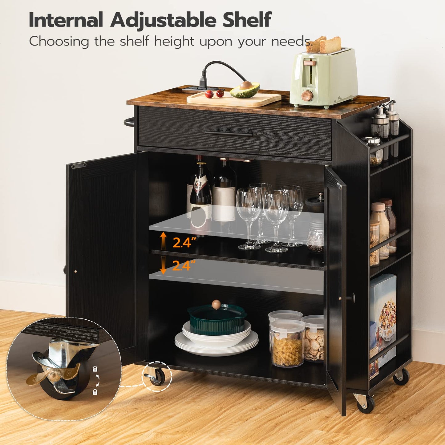 HOOBRO Kitchen Island with Power Outlet, Storage Island with Spice Rack and Drawer, Rolling Kitchen Cart on Wheels, for Home, Dining Room, Rustic Brown and Black