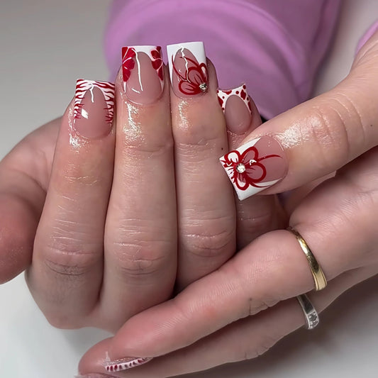 BABALAL Press on Nails Short Square Fake Nails White French Tip Glue on Nails Red Flower Acrylic Nails Glossy False Nails Art Design 24pcs Squoval Manicure Full Cover Artificial Nails for Women Girls
