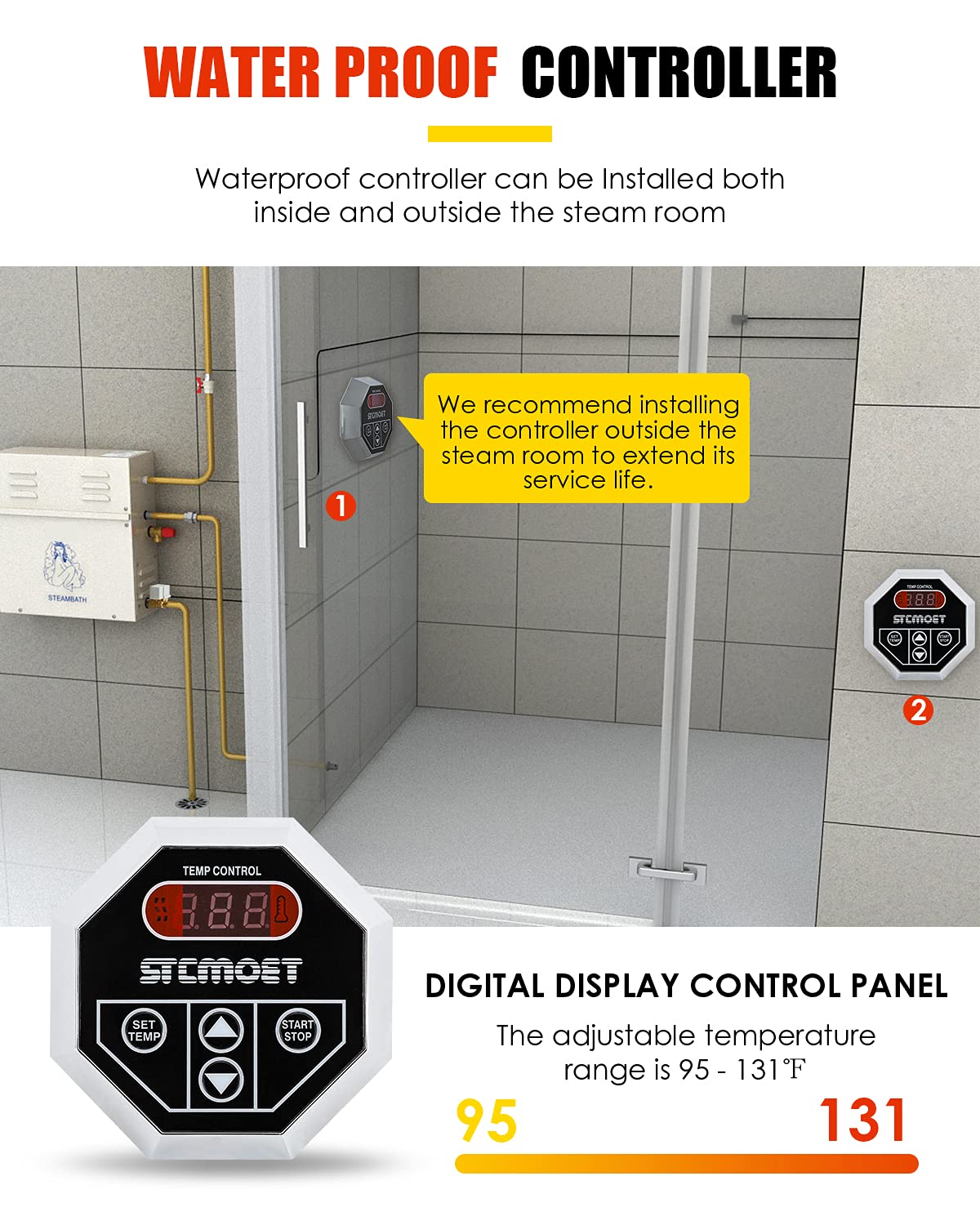 CGOLDENWALL 6KW Luxury Self-draining Steam Generator Shower Sauna Bath Home Steam Bath Spa Generator with waterproof Control and Auto Drain 95-131℉ For Max space heating 6 m³ (212 ft3)