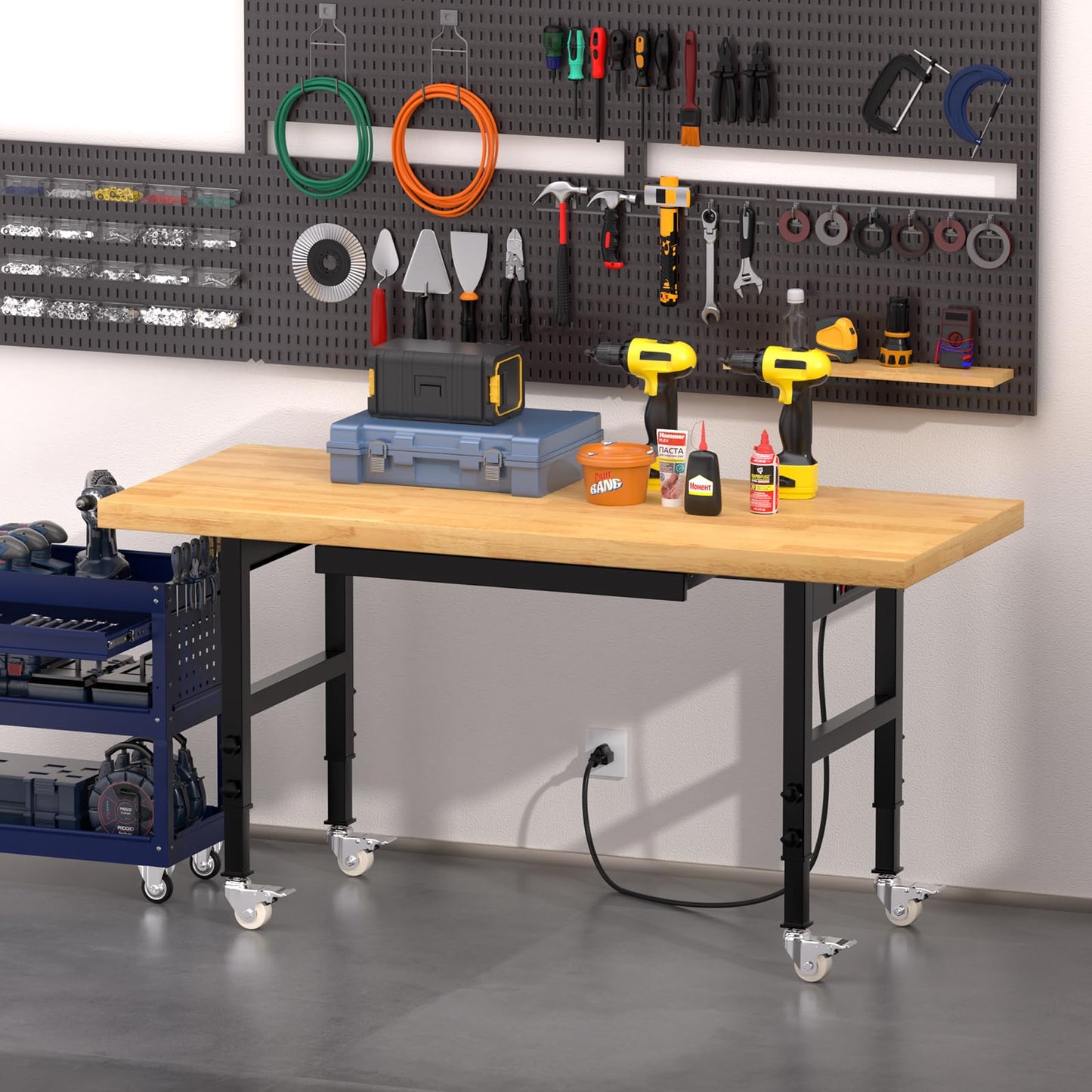 Pelnuies 60" Heavy-Duty Solid Wood Work Bench with Drawers, Adjustable Height Workbench with Wheels, 2000 LBS Capacity Work Table with Power Outlets for Garage, Workshop(60" X 24")