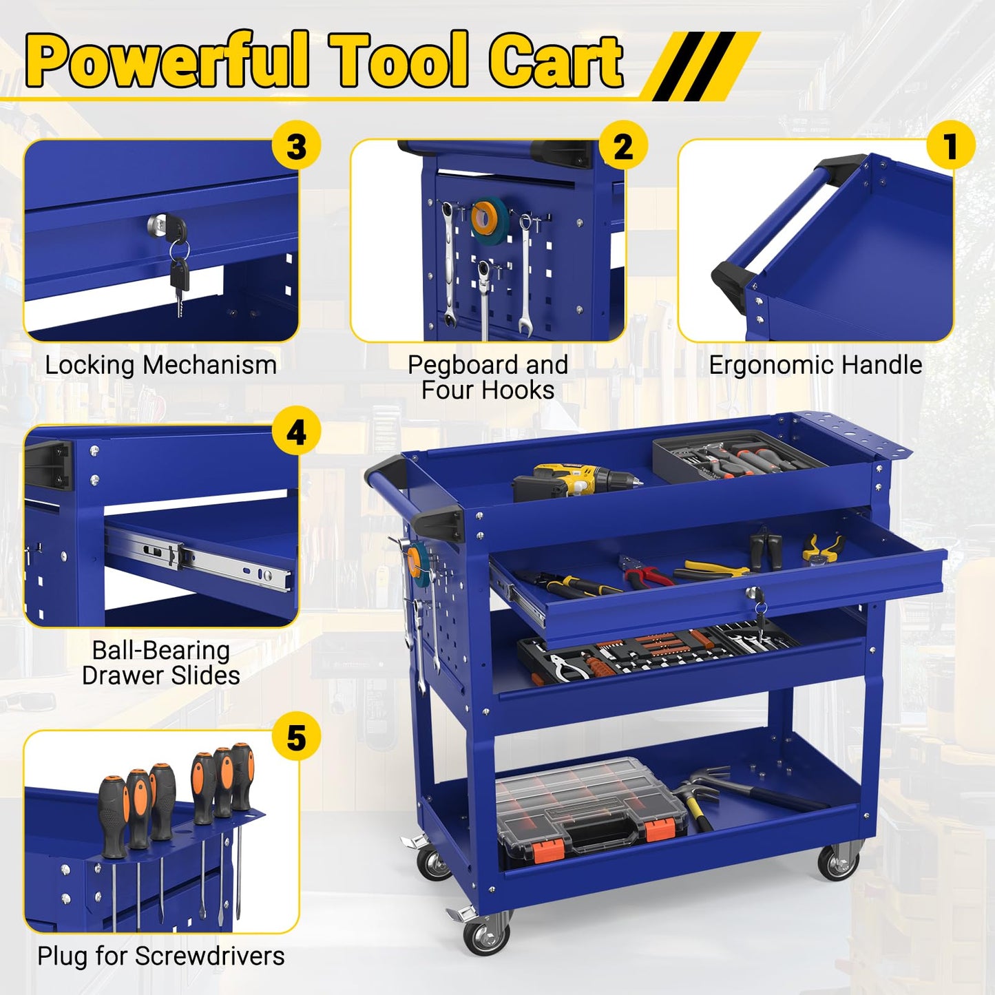 Cobinery 3 Tier Rolling Tool Cart on Wheels, 550 LBS Tool Cart with Drawers，Heavy Duty Utility Cart with Pegboard and Hook，Mechanic Tool Storage Cart for Garage, Warehouse and Repair Shop(Dark Blue)