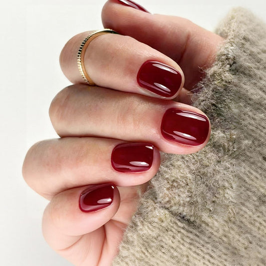 24Pcs Wine Red Fake Nails Extra Short Square Press on Nails with Glossy Designs Solid Color Nail Tip Kit Cute Glue on Nails Full Cover Reusable Valentines Stick on Nail for Women Manicure