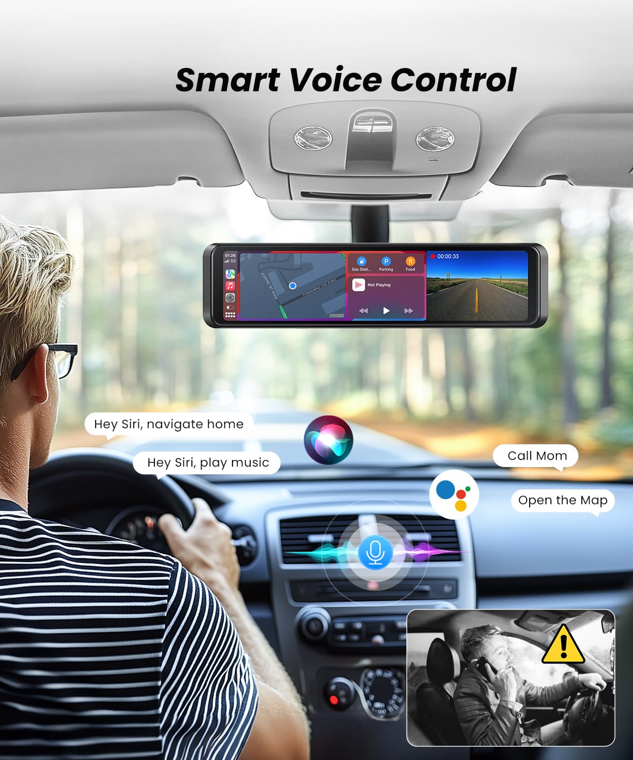 4K Rear View Mirror Camera with Carplay & Android Auto: 11.26" Smart Touch Screen Mirror Dash Cam Front and Rear with Voice Control, Parking Monitor, Reverse Assist for Car Truck SUV Van (64GB Card)