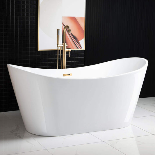 WOODBRIDGE 67" Acrylic Freestanding Bathtub Contemporary Soaking White Tub with Brushed Gold Overflow and Drain，BTA1515-BG-Drain&O
