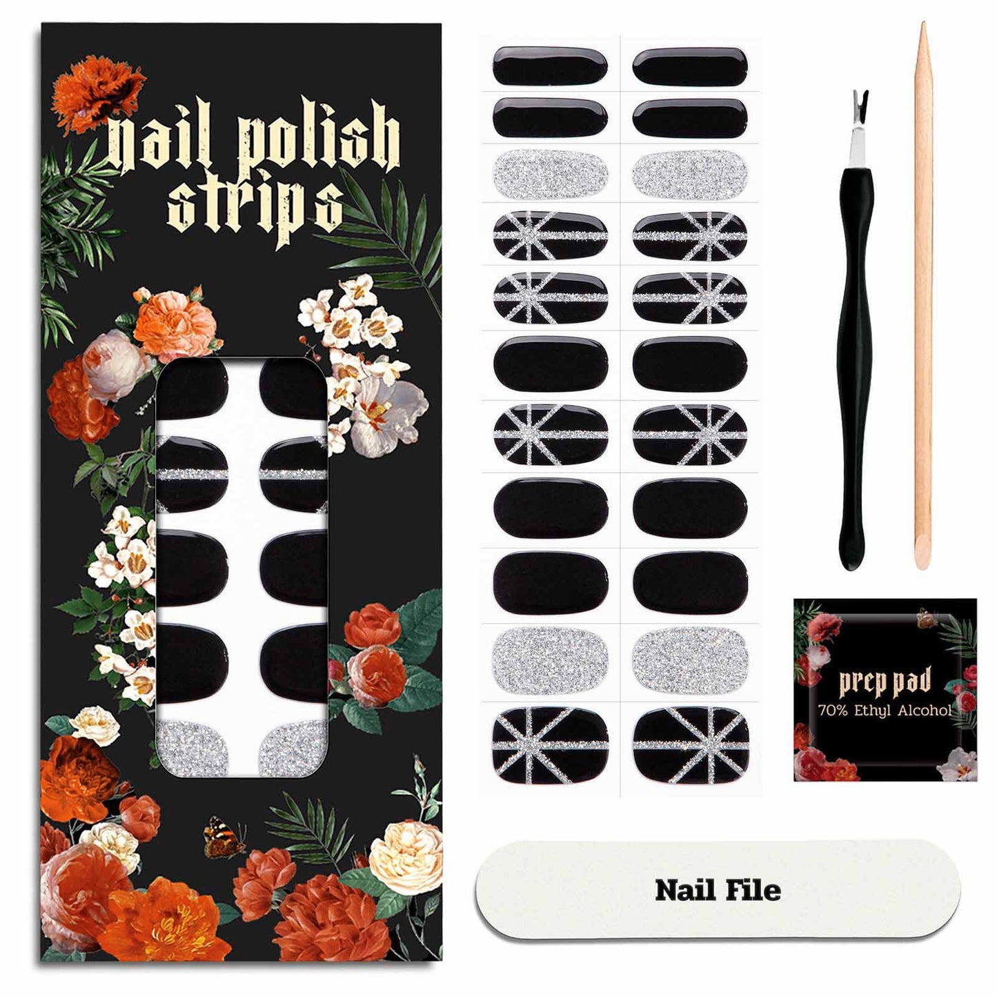 ruyeefam Nail Polish Strips (No UV Lamp Needed) - 22 Pcs Salon Quality Gel Nail Stickers - Long Lasting Wraps (Saint Black Glitter)
