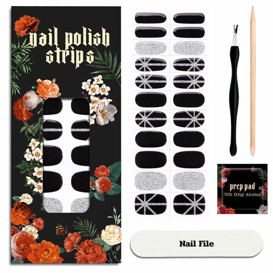 ruyeefam Nail Polish Strips (No UV Lamp Needed) - 22 Pcs Salon Quality Gel Nail Stickers - Long Lasting Wraps (Saint Black Glitter)