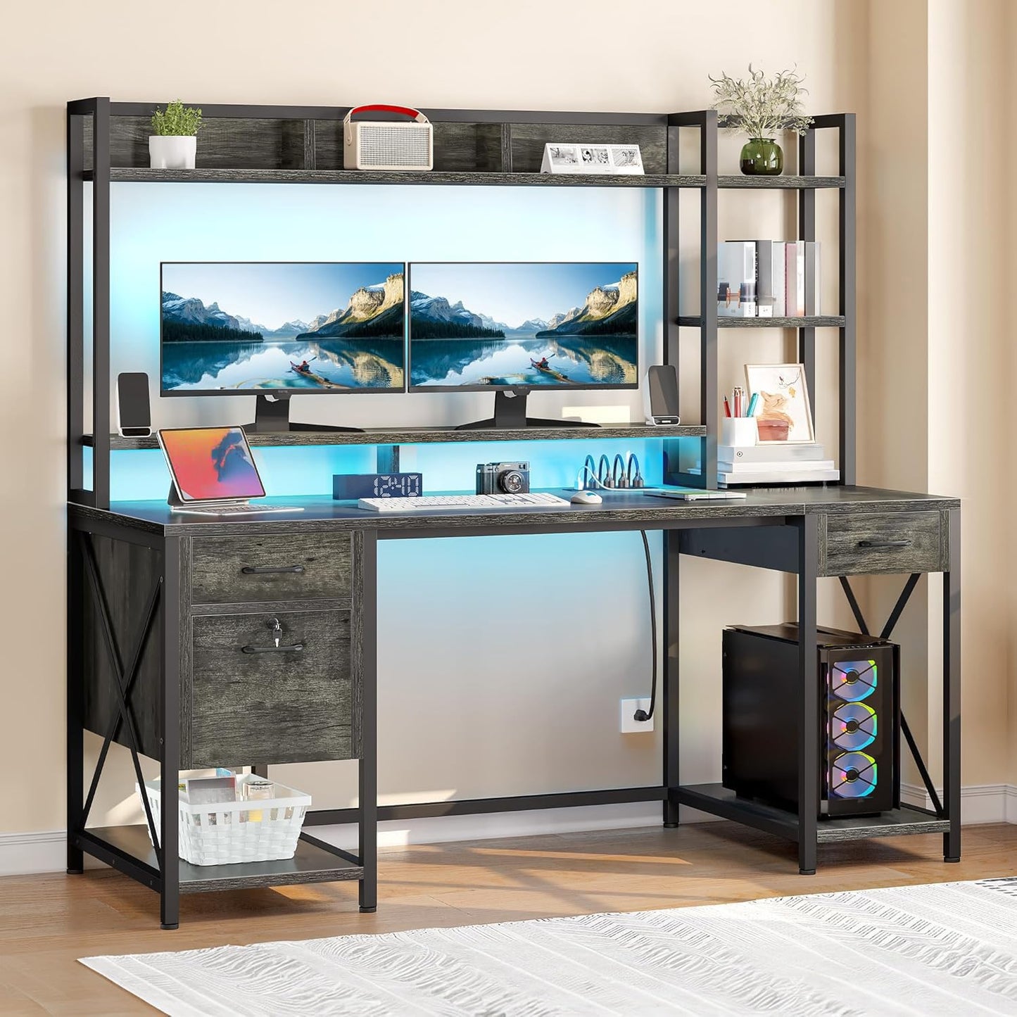 YITAHOME Computer Desk with Hutch & Drawers, 59" Office Desk with Power Outlets, Gaming Desk with LED Lights and Storage Shelves, Grey
