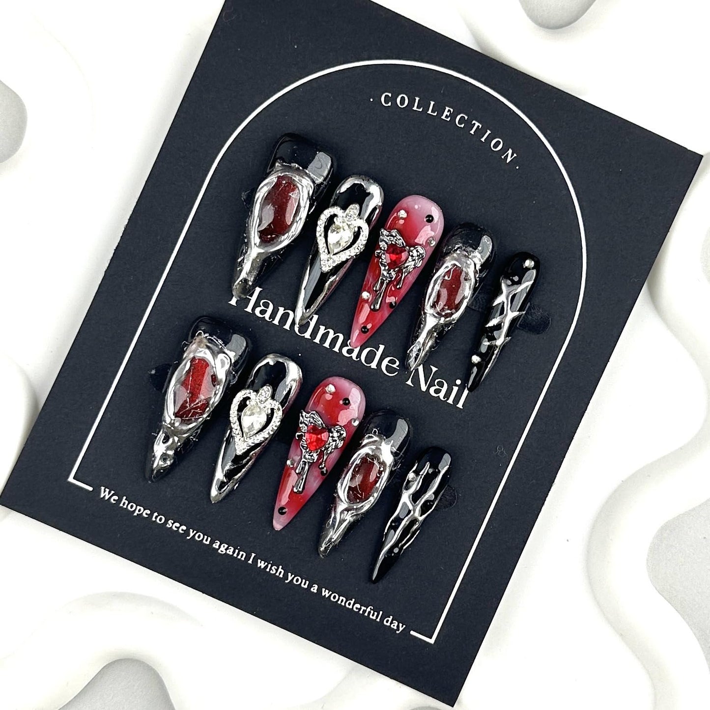 100% 5D Handmade Press on Nails with Heart Charms Long Stiletto Nails Press ons- Balck False Nails Ombre Red Press on Nails Halloween Fake Nails for Women Girls Daily Wear DIY Manicure Size M