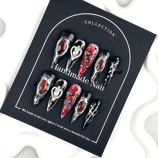 100% 5D Handmade Press on Nails with Heart Charms Long Stiletto Nails Press ons- Balck False Nails Ombre Red Press on Nails Halloween Fake Nails for Women Girls Daily Wear DIY Manicure Size M