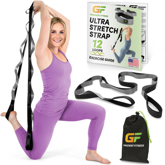 Gradient Fitness Stretching Strap for Physical Therapy, 12 Multi-Loop Stretch Strap 1.5" W x 8' L, Neoprene Handles, Physical Therapy Equipment, Yoga Straps for Stretching, Leg Stretcher, (Black/Grey)