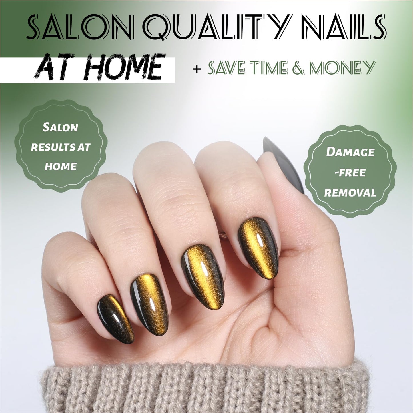 Gold Cat Eye Press On Nails Almond - Short Almond Fake Nails with Nail Glue, Gold Cateye Press On Nails Reusable Stick On Nails in 16 Sizes 32 Nail Kit for Women & Girls | Salon Quality