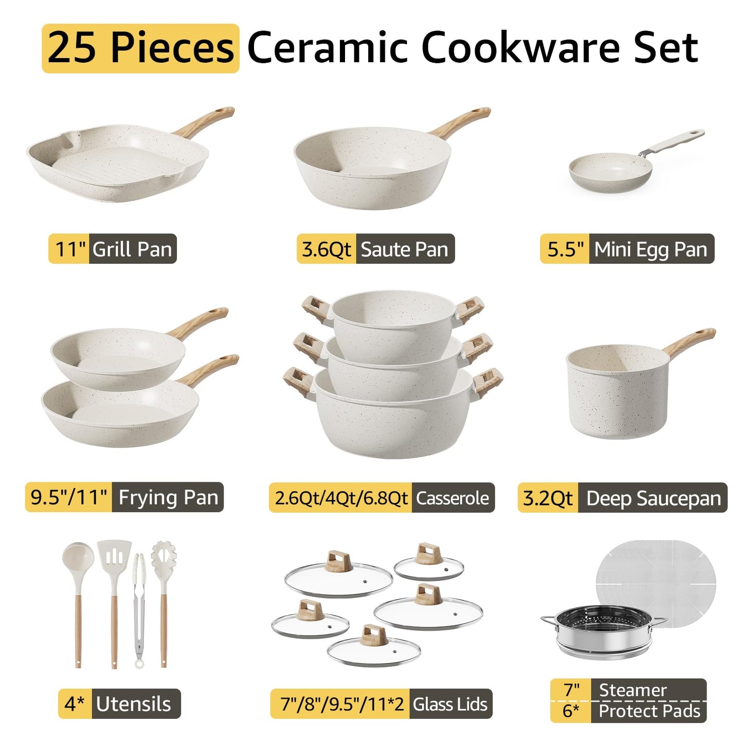 25Pcs Pots and Pans Set Non Stick, Ceramic Cookware with Titanium-Reinforced Nonstick Coating, PFAS-Free & Induction Ready, Long-Lasting Performance, Full Kitchen Set with 3 Casseroles