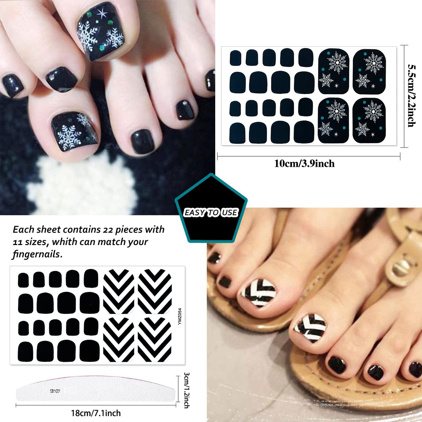 JERCLITY 440 Pieces 20 Sheets Black Color Toe Nail Polish Strips Toenail Full Wraps Self-Adhesive Full Nail Stickers Nail Art Decals Strips with Nail File for Women Girls Kids Nail Art