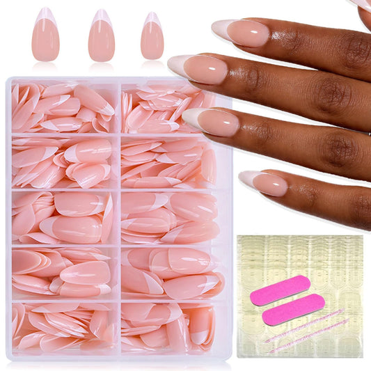 360Pcs Coffin French Tip Press-On Nails – Glossy Finish, Almond Shape, Reusable Kit with Jelly Stickers & Tools for Daily Wear, Weddings, Coffee Dates & More