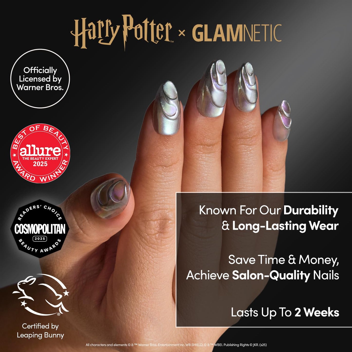 Glamnetic Press On Nails x Harry Potter™ - Unicorn Blood | Short Almond Fake Nails with Silver Chrome & 3D Swirl Design, Salon Quality Officially Licensed | 15 Sizes - 30 Nail Kit with Glue