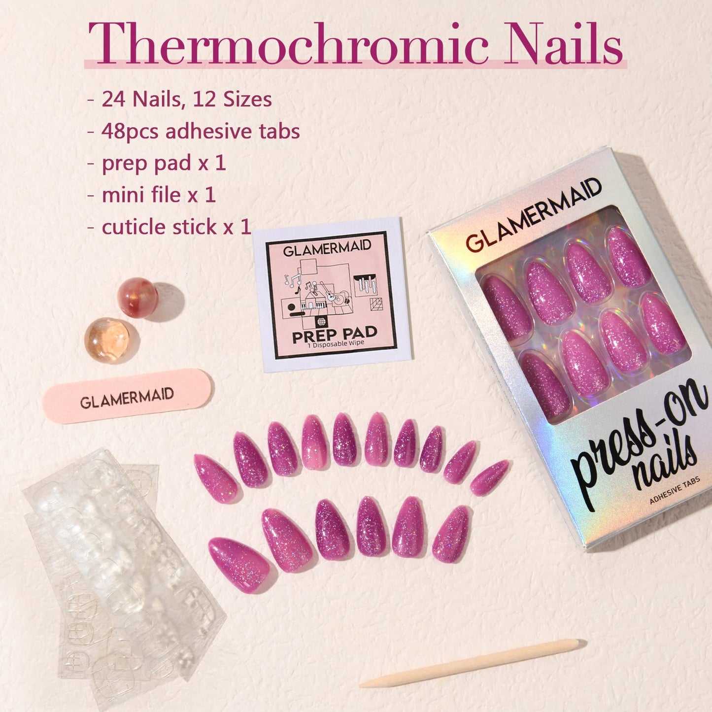 GLAMERMAID Hamdmade Thermo Press on Nails Gel Medium Almond, Glitter Purple Pink Ombre Fake Nails Short Stiletto, Pink Golden Glitter Galaxy Fake Nails Shinny Short Stiletto Shimmer Acrylic False Nail