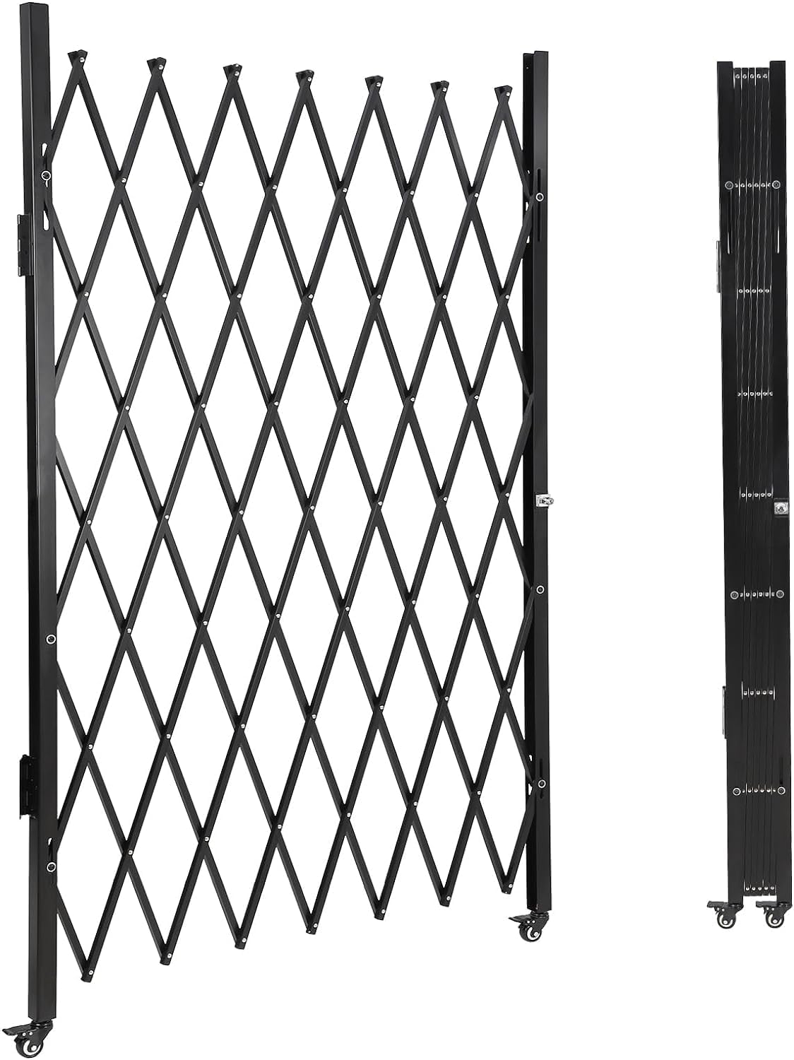 MERXENG Single Folding Security Gate 67" h x 71" w, Steel Expandable Fence with 360° Rolling Wheels for Courtyard, Garage, and Garden Access Control
