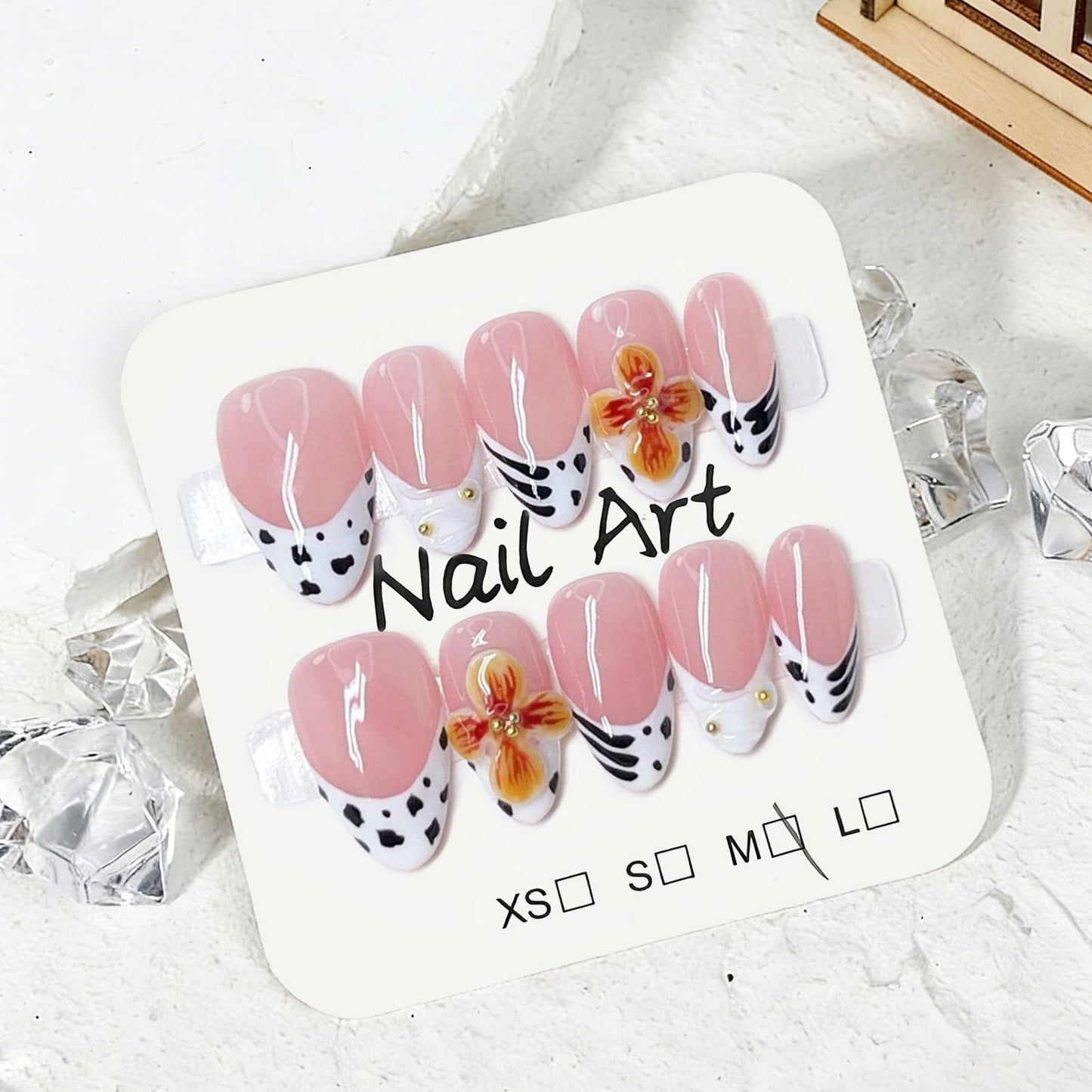 10 Pcs Pink Handmade Press on Nails Short Almond Fake Nails with 3D Flower Design Leopard Print French Tip False Nails Short Almond Press Ons Nails Acrylic M Size for Women