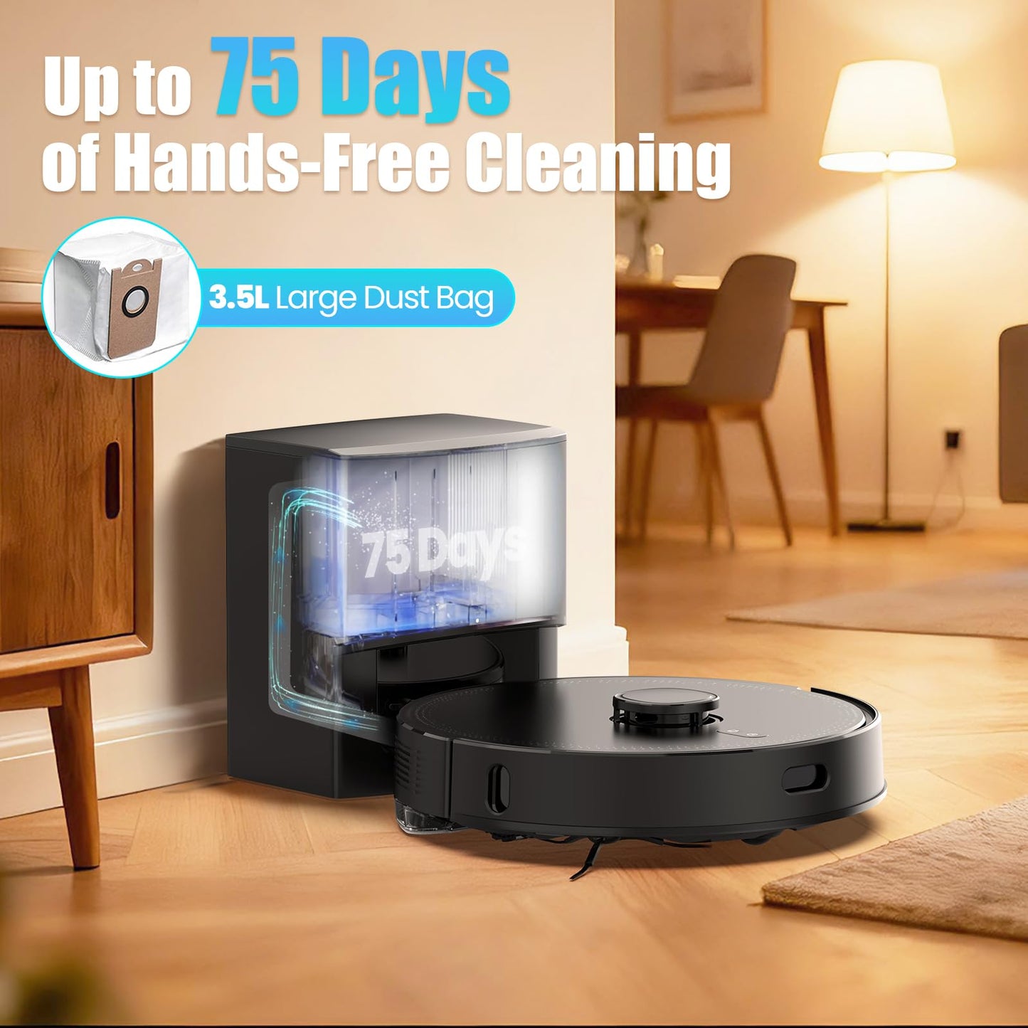 BOTLUXE E10+ Robot Vacuums and Mop, 75-Day Self-Emptying, 8000PA Suction, LiDAR Navigation, Home Mapping, APP ＆ Voice Control, 150Mins Runtime for Pet Hair, Hard Floors, Carpets