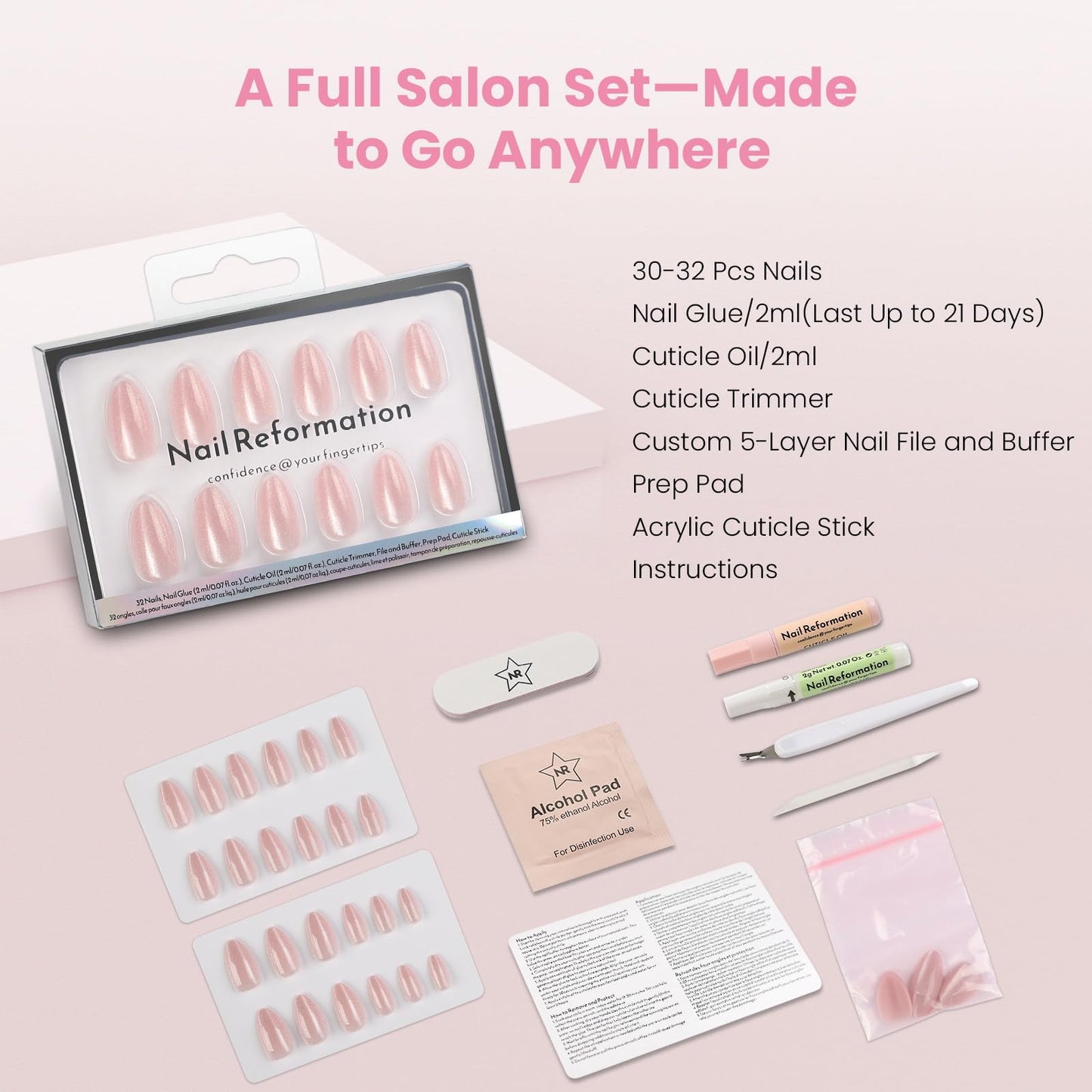 Nail Reformation Press On Nails, Soft Pink Short Almond Fake Nails with Velvet Cat Eye in Glossy Finish, Salon Quality, Reusable Stick On Nails in 16 Sizes - 32 Nail Kit with Glue, Gifts for Women