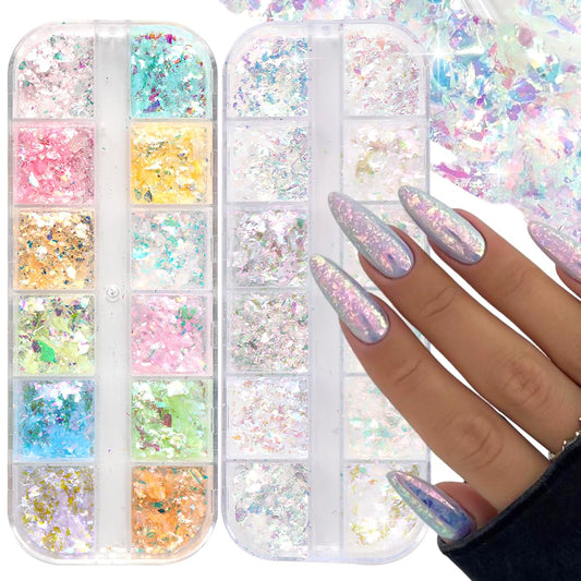 Holographic Opal Nail Art Glitter Flakes Iridescent Nail Powder Chunky Glitter Mermaid Paillettes Colorful Ice Slag Fluorescent Glass Paper Nail Sequins for DIY Manicure Decorations