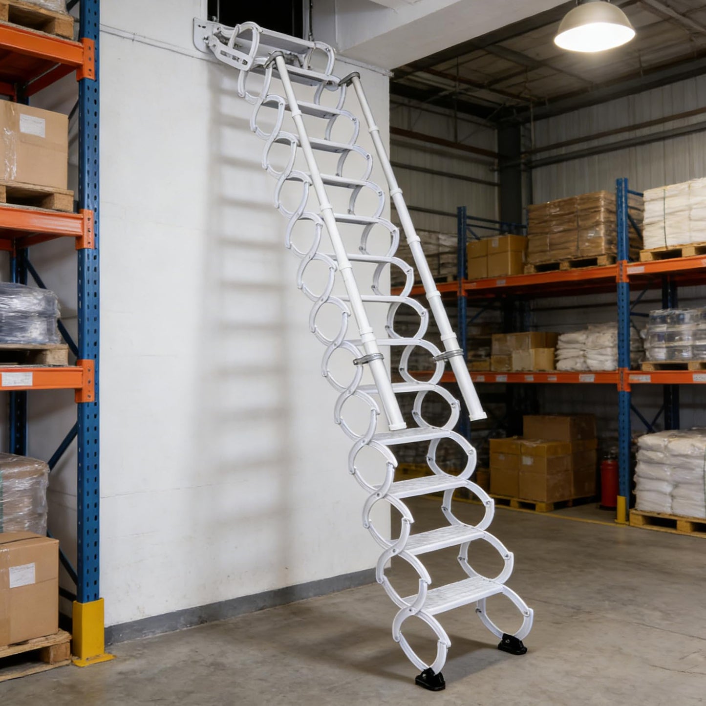 12 Steps Wall-Mounted Folding Stairs for Attic, Attic Ladder Pull Down System with Retractable Handrail& Pull Rod, Anti-Slip Steps, Attic Stairs for Home (White, 9.6-10ft)