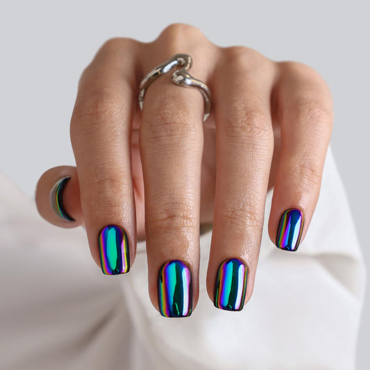 Metallic Chrome Press on Nails Squoval - SHANGMENG Blue Purple Holo Short Nails for Women Gift, Soft Gel Glossy Glue on Nails with Glue in 16 Sizes - 32 Reusable Fake Nails Kit, Neon Noir