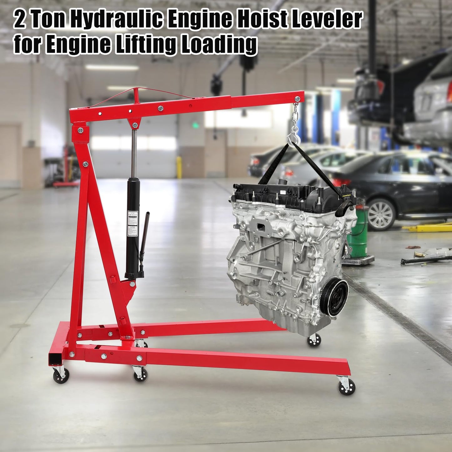 2 Ton Hydraulic Engine Hoist, 4400 LBS Folding Picker Hoist, 6 Casters and Lever Heavy-Duty Hoists for Garage Auto Repair (Red)