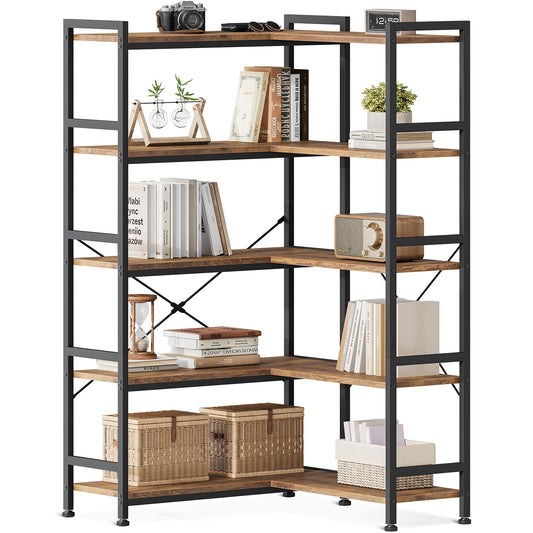 Casaottima Corner Book Shelf, 5 Tier Reversible Bookshelf for Living Room, Industrial Wooden Bookcase with Open Shelves and Metal Frame for Bedroom, Home Office, Kitchen, Vintage
