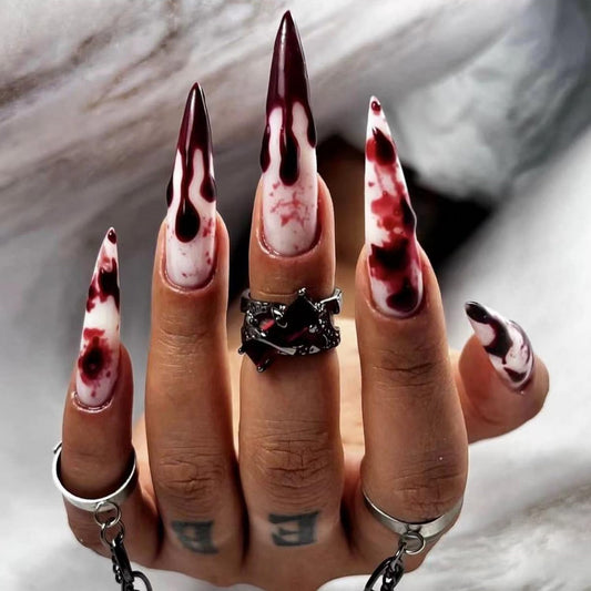 24pcs Halloween Press on Nail Extra Long Fake Nails Stiletto with Bloody designs Spooky False Nails Glossy Full Cover Acrylic Stick on Nail Reusable Party Finger Manicure for Women Girls Glue on Nails