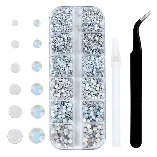 Meibite White Opal Glass Flatback Rhinestones for Nails, Crafts & Clothes – 4240PCS 6 Sizes (SS6–SS20) Crystal Gems Kit with Tweezers & Picker, Non Hotfix DIY Rhinestones for Tumblers, Shoes, Nail Art