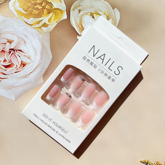 24Pcs Medium Square Fake Nails French Tip Press on Nails, Glossy Glue on Nail Full Cover False Nails with Rhinestones & Flowers Designs Medium White Nail Tips Pink Acrylic Nails for Women Girls