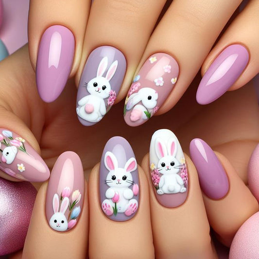 CJDLTS Flowers Easter Press on Nails Medium Artificial Almond Acrylic Fake Nails Cute Cartoon Rabbit Design Press Ons Artificial Fingernails Full Cover Glossy for Women Festival Manicure 24Pcs