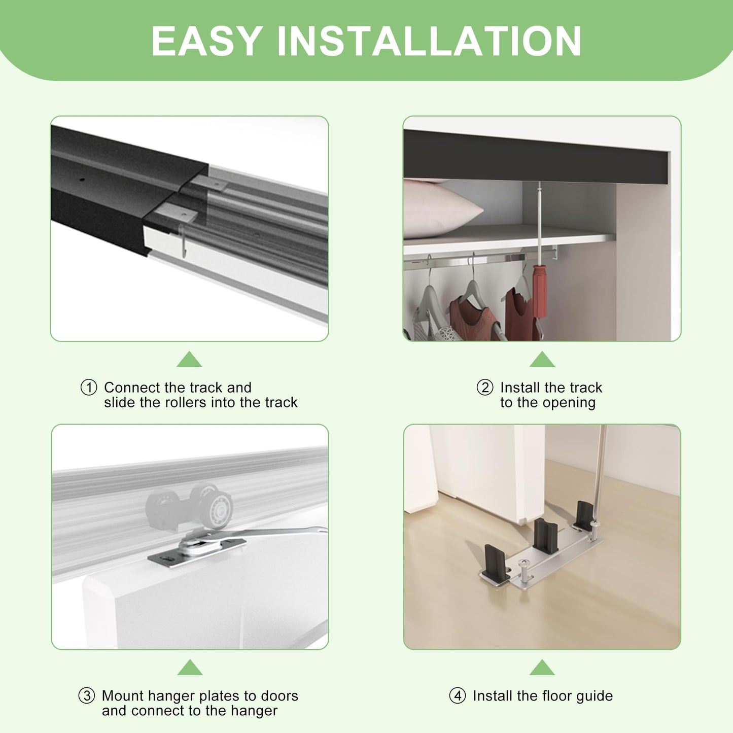 BarnBase 8FT/96(Double 4FT) Bypass Door Hardware, Aluminum Double-Closing Sliding Closet Door Hardware with Finger Pull Included, Smoothly and Quietly, Fit Door Thickness 1 3/8" or 1 3/4", Black