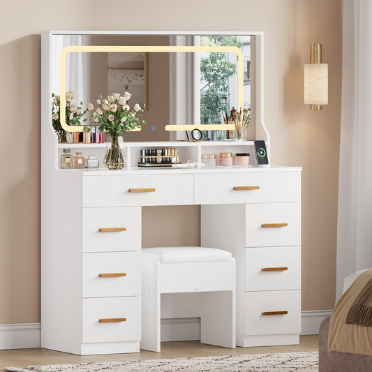 GAOMON Makeup Vanity Desk with Large Lighted Mirror, Vanity Desk with Glass Tabletop, 8 Drawers & 3 Storage Shelves, Vanity Set with Built-in Power Outlet for Bedroom & Dressing Area, White