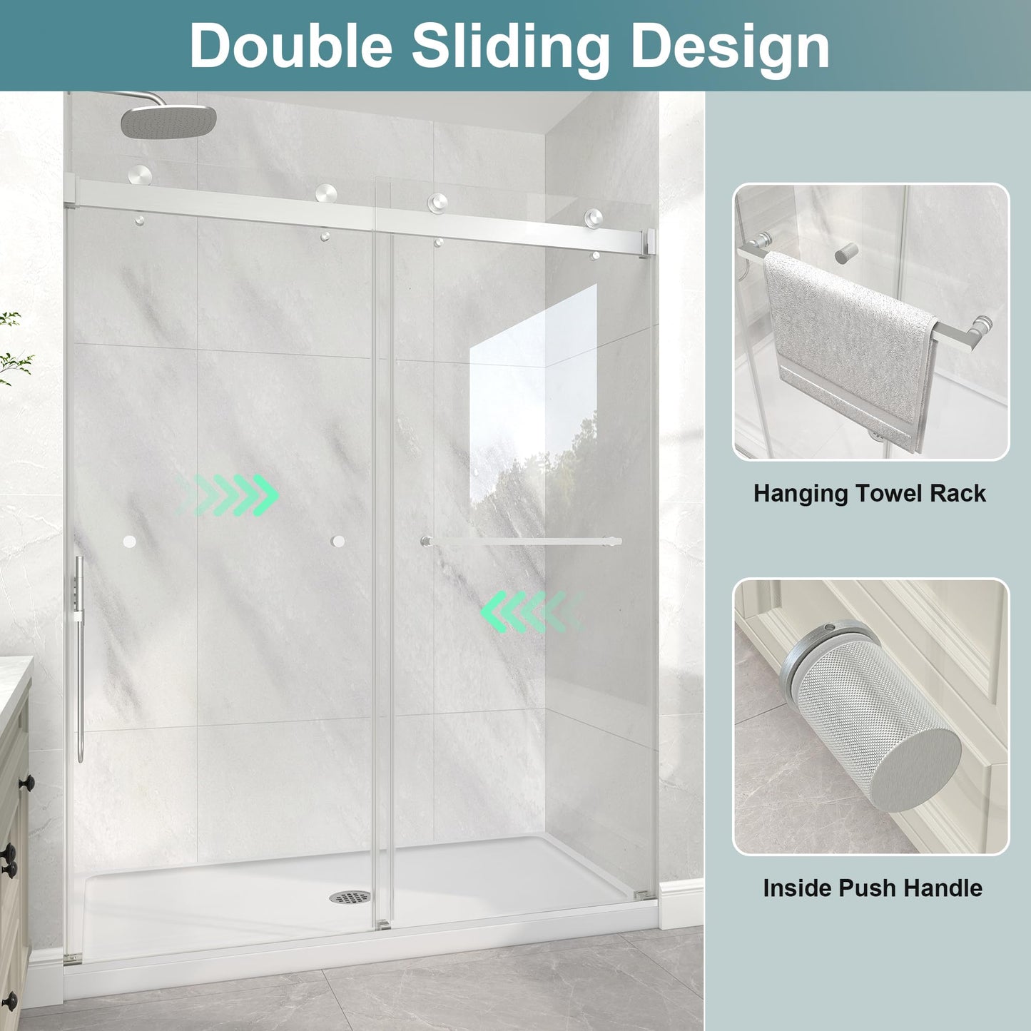 KPUY Frameless Shower Door, 43-48" W x 76" H Double Sliding Glass Shower Door, 1/4" (6mm) Thick Tempered Clear Glass with Explosion-Proof Film Nano Coating, Brushed Nickel