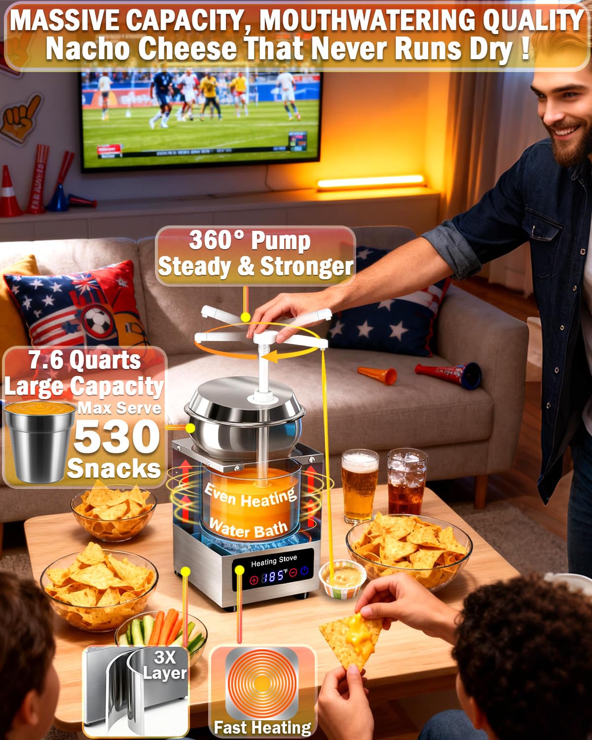 Nacho Cheese Dispenser with Pump - 7.6 QT Nacho Cheese Sauce Warmer Machine, Hot Fudge Warmer with 6-Level Temperature Adjustment, Commercial Dispenser for Syrup Hot Chili Caramel Peanut Butter