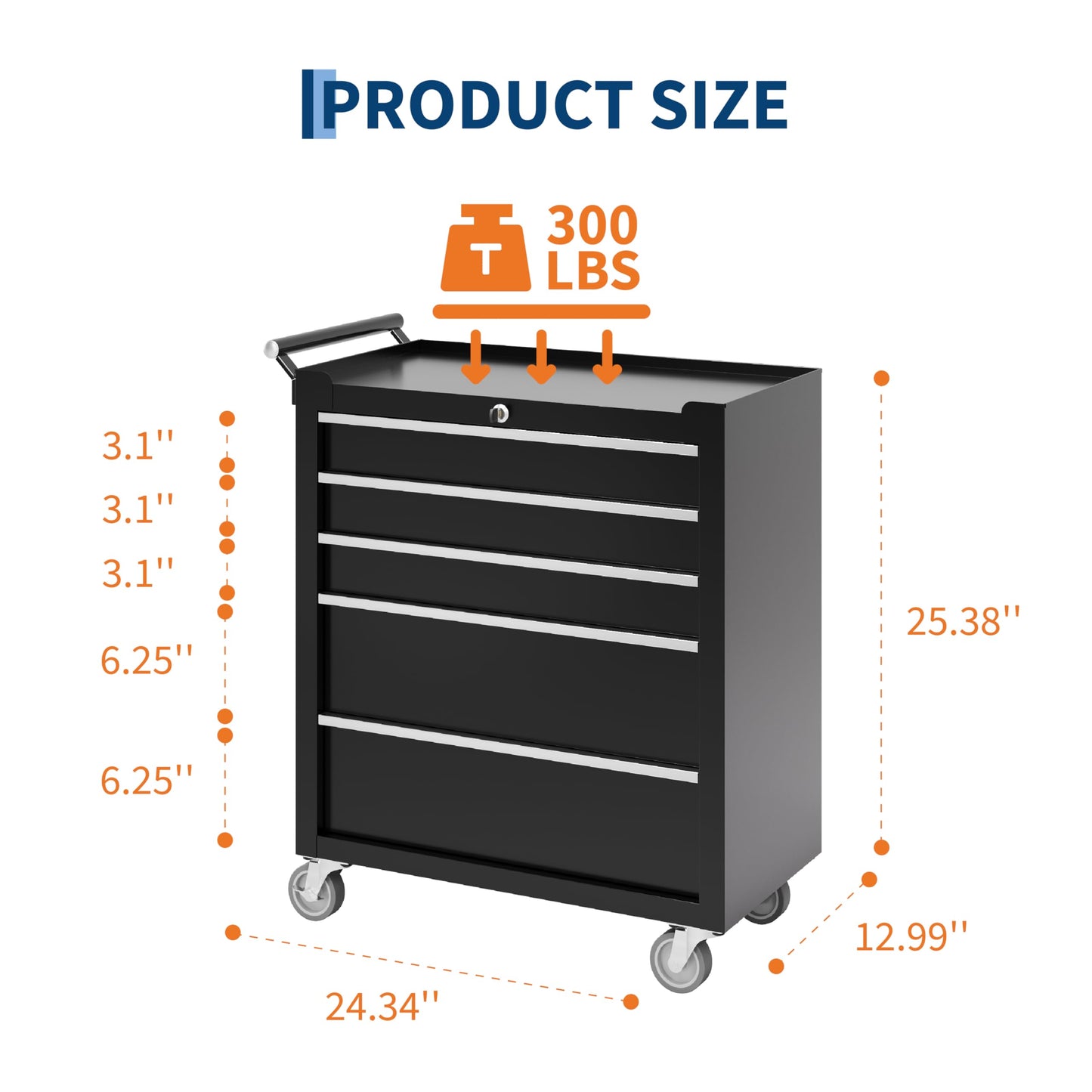 GarveeTech 5-Drawer Tool Chest, Rolling Tool Box with Wheels and Lock System, Portable Storage Rolling Tool Chest for Warehouse, Workshop & Repair Shop, Black