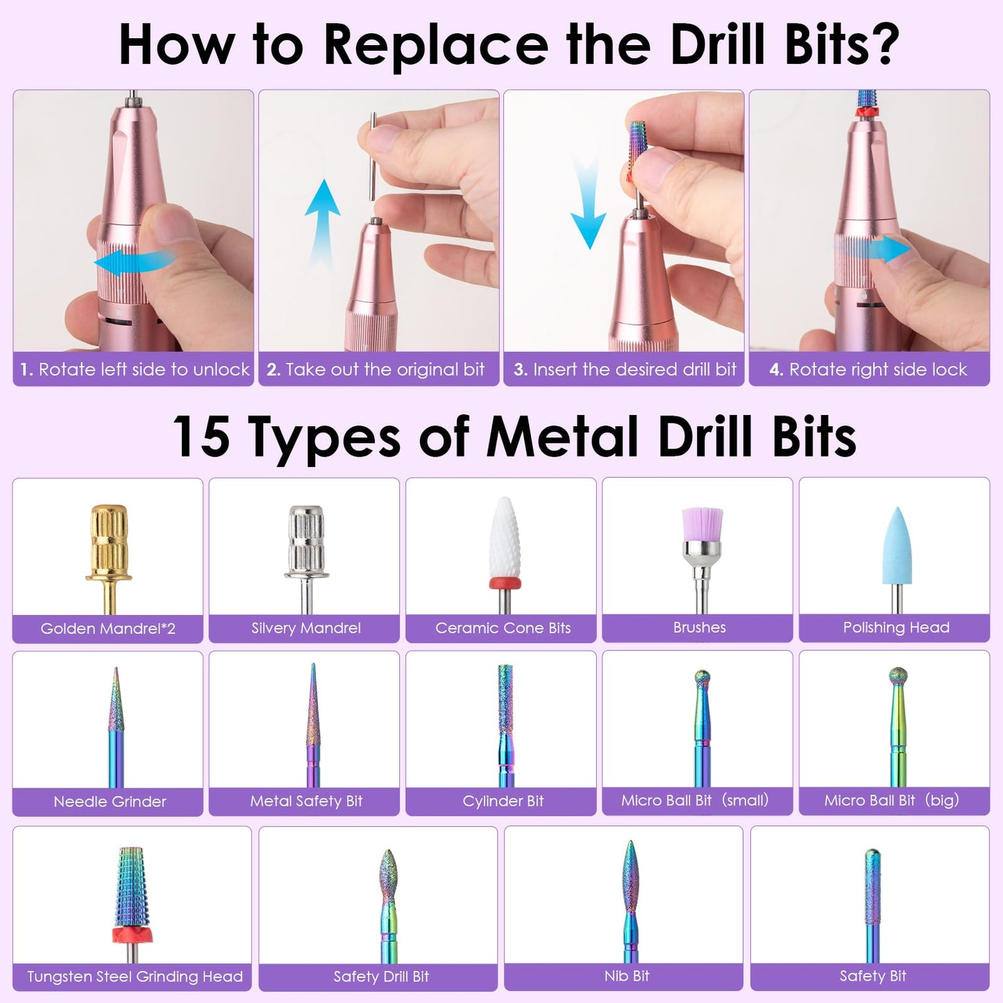 HOMEASY Electric Nail Drill, 40000RPM Professional E-Filer Rechargeable with 15 Drill Bits, Portable Nail File Electric Nail Filer for Acrylic Nails Gel Polishing Removing for Salon Home (Purple)