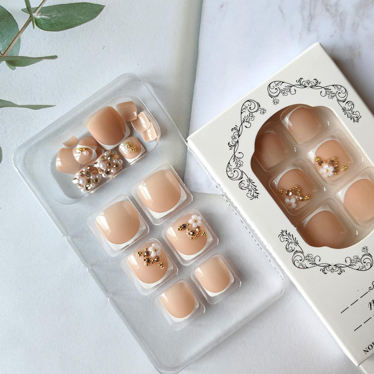 White French Tip Press on Toenails with Pearl Rhinestone Charms Short Glossy Fake Toe Nails Acrylic Flower Toenails Artificial Glue on Toe Nails Summer Toe Press on Nails for Women 24Pcs