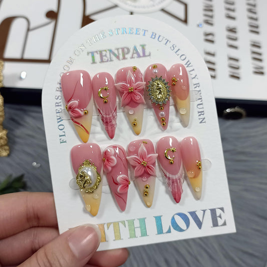 TENPAL Handmade Press on Nails Long Stiletto,Coral Orange Blushing French Tips Fake Nails with 3D Floral Waterdrops,Royal Baroque False Nails with Tools,Luxury Handmade Nails for Special Events(S)