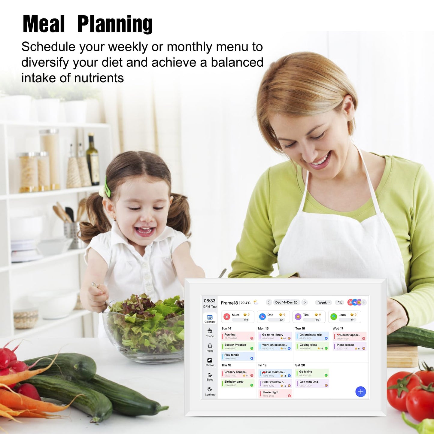 10.1" Smart Digital Calendar and Cloud Photo Frame Wall Planner with Chore Charts Meal Planning 32GB Storage 1280x800P IPS Touchscreen Desk Calendar Interactive Display for Family Schedules White