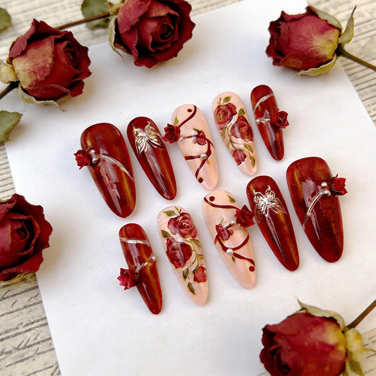30Pcs Rose Flower Press on Nails Long Stiletto Fake Nails with 3D Pearls Rose Design Spring False Nails Silver Butterfly Glue on Nails Red Almond Acrylic Nails Floral Artificial Nails Decor for Women